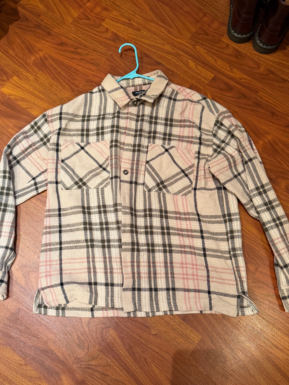 Forever 21 Plaid Shacket in Cream, Black & Pink
